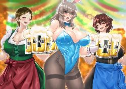 Rule 34 | 3girls, absurdres, akaboshi koume, alcohol, alternate costume, apple, apron, asuna (blue archive), asuna (bunny) (blue archive), asuna (bunny) (blue archive) (cosplay), beer, beer mug, black dress, black pantyhose, blue apron, blue archive, blue bow, blue bowtie, blue eyes, blue leotard, blurry, blurry background, bougainvillea (unnryuu), bow, bowtie, breasts, closed eyes, clothing cutout, collar, commentary, cosplay, covered navel, cup, detached collar, dirndl, dress, emblem, facing another, food, frilled sleeves, frills, frown, fruit, german clothes, girls und panzer, green dress, highleg, highleg leotard, highres, holding, holding cup, huge breasts, itsumi erika, kojima emi, kuromorimine (emblem), leotard, looking at viewer, medium hair, mug, multiple girls, oktoberfest, open mouth, pantyhose, playboy bunny, puffy short sleeves, puffy sleeves, red apple, short hair, short sleeves, shoulder cutout, silver hair, smile, standing, strapless, strapless leotard, swept bangs, thighband pantyhose, thighs, traditional bowtie, very short hair, waist apron, wavy hair, white collar, wing collar