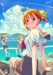 Rule 34 | 3girls, alternate hairstyle, antenna hair, bag, barefoot, blush, clenched hands, cloud, commentary request, contrail, day, grey hair, grey sailor collar, grey skirt, grin, looking at viewer, looking back, love live!, love live! sunshine!!, multiple girls, neckerchief, ocean, one eye closed, orange hair, outdoors, pleated skirt, poligon (046), red eyes, red hair, red neckerchief, sailor collar, sakurauchi riko, school bag, school uniform, serafuku, short sleeves, sitting, skirt, smile, soaking feet, squirting liquid, takami chika, twintails, uranohoshi school uniform, wading, watanabe you, water, water gun