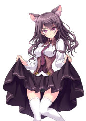 Rule 34 | 1girl, animal ears, black panties, blush, breasts, brown skirt, buttons, cat ears, closed mouth, clothes lift, collared shirt, cowboy shot, extra ears, eyelashes, hair between eyes, highres, hinoki yuu, holding, leg up, lifted by self, long hair, long sleeves, looking at viewer, medium breasts, necktie, original, panties, pantyshot, purple eyes, purple hair, purple necktie, shirt, simple background, skindentation, skirt, skirt hold, skirt lift, skirt set, smile, solo, standing, standing on one leg, thighhighs, underwear, wavy hair, white background, white thighhighs