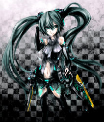 Rule 34 | bridal gauntlets, checkered background, green eyes, green hair, hatsune miku, hatsune miku (append), highres, long hair, navel, necktie, pondel, solo, thighhighs, twintails, very long hair, vocaloid, vocaloid append