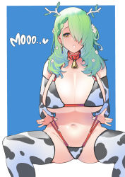 Rule 34 | 1girl, animal print, antlers, bell, bikini, breasts, ceres fauna, cleavage, collar, cow print, cow print bikini, cowbell, detached sleeves, dismassd, earrings, english text, flower, green hair, hair flower, hair ornament, hair over one eye, heart, highres, hololive, hololive english, horns, jewelry, large breasts, long hair, mole, mole under eye, navel, print bikini, red collar, solo, spread legs, swimsuit, thighhighs, virtual youtuber, yellow eyes
