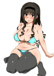 Rule 34 | 1girl, aqua bikini, arm support, bikini, black hair, blush, breasts, cleavage, collarbone, covered erect nipples, drill hair, hairband, highres, large breasts, long hair, looking at viewer, navel, open mouth, original, seihekiog, sidelocks, simple background, smile, solo, stomach, swimsuit, thighhighs, underboob, white background