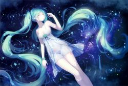 Rule 34 | 1girl, absurdres, aqua hair, blue hair, breasts, cleavage, closed eyes, covered navel, dress, floating, flower, gradient background, hatsune miku, highres, in water, long hair, long legs, lying, nebula, on back, see-through, small breasts, solo, star (symbol), tidsean, twintails, vocaloid, wakamezake