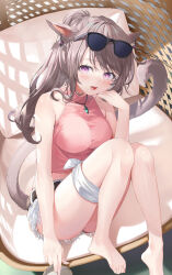 Rule 34 | 1girl, absurdres, animal ears, bare arms, bare legs, bare shoulders, barefoot, belt, black-framed eyewear, breasts, brown hair, cat ears, cat tail, commission, crop top, cutoffs, earrings, eyewear on head, final fantasy, final fantasy xiv, hand up, highres, jewelry, knees up, long hair, looking at viewer, medium breasts, midriff, miqo&#039;te, necklace, open mouth, pink eyes, pink shirt, ponytail, shirt, short shorts, shorts, sitting, skeb commission, sleeveless, sleeveless shirt, smile, solo, sunglasses, tail, thighs, warrior of light (ff14), white shorts, yana mori