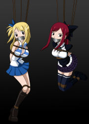 Rule 34 | 2girls, bdsm, blonde hair, bondage, boots, bound, breasts, brown eyes, cleavage, erza scarlet, fairy tail, female focus, highres, large breasts, long hair, lucy heartfilia, multiple girls, red hair, simple background, skirt, thighhighs