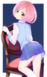 Rule 34 | 1girl, absurdres, ayase naru, blue skirt, blue vest, bob cut, brown eyes, commentary request, from behind, highres, knee up, long sleeves, looking at viewer, looking back, miniskirt, outside border, parted lips, pink hair, plaid, plaid skirt, pleated skirt, pretty series, pretty rhythm, pretty rhythm rainbow live, school uniform, shirt, short hair, skirt, solo, standing, standing on one leg, swept bangs, toon (noin), vest, white shirt, wooden chair