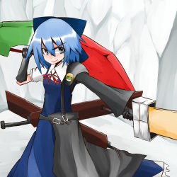 Rule 34 | 1girl, adapted costume, advent cirno, blue eyes, blue hair, bow, cirno, dual wielding, gloves, hair bow, highres, holding, long sleeves, matching hair/eyes, short hair, short sleeves, solo, soudayu, stance, sword, touhou, weapon