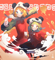 Rule 34 | 2girls, animal hood, black pants, blonde hair, blue eyes, chinese clothes, cloud, commentary, dress, fighting stance, green hair, gumi, hair ornament, hairclip, hood, kagamine rin, multiple girls, outstretched arms, panda hood, pants, red background, red dress, red shirt, shijohane, shirt, short hair, vocaloid, whorled clouds, yellow eyes, yi er fan club (vocaloid)