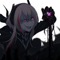 Rule 34 | 1girl, black jacket, blonde hair, blood, blood on face, fangs, girls&#039; frontline, gloves, headgear, jacket, long hair, m4 sopmod ii (girls&#039; frontline), maiqo, multicolored hair, open mouth, red eyes, red hair, smile, solo, streaked hair, two-tone hair, upper body