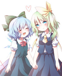 Rule 34 | 2girls, ascot, bad id, bad pixiv id, blue dress, blue eyes, blue hair, blush, bow, cirno, daiyousei, dress, closed eyes, fairy wings, fang, green hair, hair bow, hair ribbon, heart, highres, holding hands, kuromame (8gou), multiple girls, open mouth, ribbon, shirt, side ponytail, skirt, skirt set, smile, string, string of fate, touhou, wings, yuri