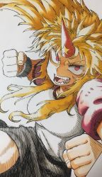 Rule 34 | 1girl, black skirt, blonde hair, breasts, bright pupils, clenched hands, commentary request, cuffs, emphasis lines, grey background, highres, horns, hoshiguma yuugi, incoming attack, long hair, looking at viewer, medium breasts, munakata (sekimizu kazuki), oni horns, open mouth, punching, red eyes, shackles, sharp teeth, shirt, short sleeves, simple background, single horn, skirt, solo, star (symbol), teeth, touhou, upper body, white shirt