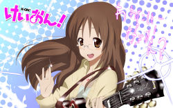 Rule 34 | 00s, 1girl, bad id, bad pixiv id, brown eyes, brown hair, feathers, female focus, gibson, glasses, guitar, halftone, halftone background, instrument, jet yowatari, jewelry, k-on!, gibson les paul, long hair, necklace, plectrum, solo, translation request, yamanaka sawako