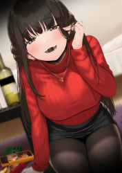 Rule 34 | 1girl, black skirt, blush, breasts, brown eyes, brown hair, brown pantyhose, chocolate, hand in own hair, highres, jewelry, large breasts, long hair, long sleeves, looking at viewer, mole, mole under eye, mouth hold, necklace, original, pantyhose, pencil skirt, pyz (cath x tech), red sweater, ribbed sweater, sitting, skirt, smile, solo, sweater, thighs, valentine
