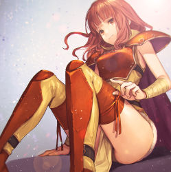 Rule 34 | 1girl, armor, bandaged arm, bandages, bloom, blunt bangs, blurry, blurry background, bokeh, breastplate, cape, celica (fire emblem), closed mouth, depth of field, feet out of frame, female focus, fire emblem, fire emblem echoes: shadows of valentia, fire emblem gaiden, fire emblem heroes, fujikawa arika, gradient background, grey background, hand on thigh, high collar, highres, lens flare, light particles, long hair, matching hair/eyes, motion blur, nintendo, pauldrons, pelvic curtain, red eyes, red hair, ribbon, shin guards, shoulder armor, sitting, sleeveless, solo, strap, thighhighs, thighs