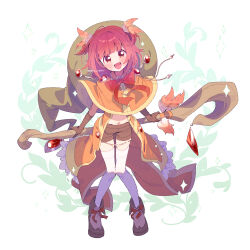 Rule 34 | 1girl, akino kaede, blush, brown shorts, capelet, coat, commentary, full body, hair ornament, hat, holding, holding staff, knees together feet apart, leaf, leaf hair ornament, leaf on head, looking at viewer, magia record: mahou shoujo madoka magica gaiden, magical girl, mahou shoujo madoka magica, midriff, navel, open mouth, orange capelet, orange coat, paru rari, red eyes, red hair, short hair, shorts, simple background, smile, solo, staff, standing, thighhighs, two side up, unworn hat, unworn headwear, white background, white thighhighs, witch hat