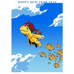 Rule 34 | 2019, agumon, bandai, chinese zodiac, claws, creature, dated, digimon, fangs, happy, happy new year, jumping, monster, new year, no humans, official art, pig, sky, smile, warthog, watanabe kenji, year of the pig