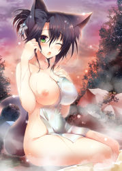 Rule 34 | 1girl, ;o, adjusting hair, animal ears, black hair, blush, breast slip, breasts, collarbone, covering privates, fang, green eyes, hand on own chest, hanpen (hannpenn2), impossible towel, large breasts, looking at viewer, naked towel, nipples, nude, nude cover, one eye closed, onsen, open mouth, original, sitting, soaking feet, solo, steam, tail, towel, updo