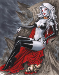 Rule 34 | 1girl, absurdres, black bra, black bridal gauntlets, black footwear, black panties, blank eyes, boots, bra, breasts, bridal gauntlets, cape, cleavage, colored skin, dawn mcteigue, earrings, eyeshadow, highres, jewelry, lady death, lady death (character), large breasts, long hair, looking at viewer, makeup, navel, panties, parted lips, red cape, red eyeshadow, red lips, signature, sitting, skull, skull earrings, solo, thigh boots, underwear, white hair, white skin