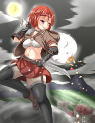 Rule 34 | 1girl, ass, blush, boots, breasts, coin, gloves, jewelry, light, moon, mountain, night, original, pink eyes, red hair, roro (sghona10), short hair, sky, tagme, tongue, tongue out, weapon