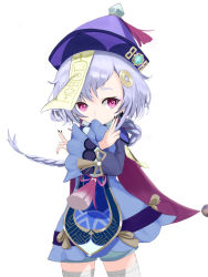 Rule 34 | 1girl, anapoko (user wtmm5875), bead necklace, beads, blush, braid, coin, coin hair ornament, eyelashes, genshin impact, hair between eyes, hair ornament, hat, highres, jewelry, jiangshi, long hair, long sleeves, looking at viewer, necklace, purple eyes, purple hair, purple hat, qingdai guanmao, qiqi (genshin impact), salute, talisman, thighhighs, two-finger salute, unfinished, white thighhighs, wide sleeves