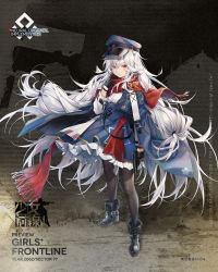 Rule 34 | 1girl, artist request, black footwear, black gloves, black pantyhose, blue cloak, blue hat, boots, character name, cloak, closed mouth, copyright name, floor, girls&#039; frontline, gloves, gun, handgun, hat, highres, holding, holding clothes, holding gun, holding scarf, holding weapon, long hair, looking at viewer, makarov (girls&#039; frontline), makarov (mod3) (girls&#039; frontline), makarov pm, military, military hat, military uniform, mod3 (girls&#039; frontline), official art, pantyhose, pocket pistol, red eyes, red scarf, red star, scarf, silver hair, solo, standing, star (symbol), uniform, very long hair, weapon