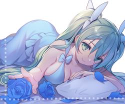 Rule 34 | 1girl, bed, breasts, cleavage, closed mouth, flower, frey (rune factory), green eyes, green hair, long hair, lying, medium breasts, mg kurino, on stomach, petals, pillow, rune factory, rune factory 4, smile, solo, twintails