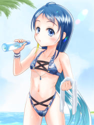 Rule 34 | 1girl, absurdres, bikini, blue bikini, blue eyes, blue hair, blue sky, bottle, breasts, cloud, commentary request, cowboy shot, day, gradient hair, hashijiro kou, highleg, highleg bikini, highleg swimsuit, highres, kantai collection, long hair, looking at viewer, multicolored hair, navel, outdoors, ramune, samidare (kancolle), sky, small breasts, solo, swept bangs, swimsuit, towel, very long hair, white towel