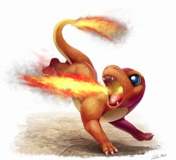 Rule 34 | 1990s (style), artist name, blue eyes, breath weapon, breathing fire, charmander, claws, creatures (company), fangs, fiery tail, fire, flame-tipped tail, full body, game freak, gen 1 pokemon, looking to the side, nintendo, no humans, open mouth, pokemon, pokemon (creature), pokemon rgby, retro artstyle, running, signature, simple background, stone floor, tail, teeth, tongue, tsitra360, white background