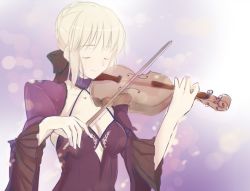 Rule 34 | 1girl, artoria pendragon (fate), blonde hair, bow, braid, choker, detached sleeves, closed eyes, fate/stay night, fate (series), french braid, gothic lolita, hair bow, hair up, instrument, lolita fashion, music, pale skin, playing instrument, saber (fate), saber alter, solo, tusia, violin, wide sleeves