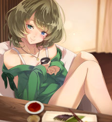 Rule 34 | 1girl, alcohol, bare shoulders, blue eyes, breasts, brown hair, cup, food, green eyes, green sweater, heterochromia, idolmaster, idolmaster cinderella girls, jewelry, kawaty, knees up, looking at viewer, mole, mole under eye, necklace, no legwear, off-shoulder, off-shoulder sweater, off shoulder, sake, short hair, sitting, small breasts, smile, solo, sweater, swept bangs, table, takagaki kaede, thighs