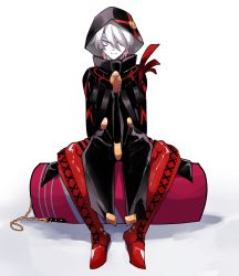 Rule 34 | 1boy, bishounen, black coat, blue eyes, boots, closed mouth, coat, colored skin, cross-laced footwear, fate/grand order, fate (series), hair over one eye, highres, hood, hood up, karna (fate), karna (santa) (fate), lace-up boots, male focus, red footwear, sandbag, sitting, smile, solo, thigh boots, thighhighs, white hair, white skin