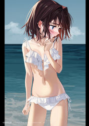 Rule 34 | 1girl, absurdres, arm at side, bikini, blue eyes, blue sky, blush, breasts, brown eyes, cloud, collarbone, contrapposto, duplicate, elisia valfelto, groin, hair intakes, highres, horizon, looking to the side, luicent, navel, nose blush, ocean, original, pillarboxed, short hair, side-tie bikini bottom, sky, small breasts, solo, swimsuit, swimsuit skirt, white bikini
