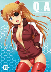 Rule 34 | 1girl, aono umi, blue eyes, blush, breasts, brown hair, content rating, cover, cover page, eyepatch, hair ornament, hands in pockets, jacket, long hair, looking at viewer, neon genesis evangelion, open mouth, outline, rebuild of evangelion, red thighhighs, solo, souryuu asuka langley, thighhighs, track jacket