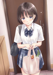 Rule 34 | 1girl, bag, black bow, black hair, blue eyes, blue skirt, blush, bow, breasts, collared shirt, commentary request, diagonal stripes, door, dress shirt, groceries, highres, holding, holding bag, indoors, looking at viewer, original, parted lips, plaid, plaid skirt, pleated skirt, school bag, school uniform, shirt, short sleeves, skirt, small breasts, solo, standing, striped, striped bow, white shirt, yukimaru217
