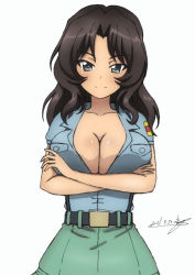 Rule 34 | 1girl, aoshidan school uniform, black hair, blue eyes, blush, breasts, bukkuri, cleavage, closed mouth, collarbone, crossed arms, dated, el (girls und panzer), girls und panzer, green skirt, large breasts, looking at viewer, school uniform, shiny skin, simple background, skirt, smile, solo, upper body, white background