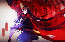 Rule 34 | 1girl, cape, crest, family crest, fate/grand order, fate (series), hat, katana, koha-ace, long hair, looking back, military, military uniform, oda nobunaga (fate), oda nobunaga (koha-ace), peaked cap, purple hair, red eyes, sasamura ( pios), scabbard, sheath, skeleton, smirk, solo, sword, translation request, uniform, very long hair, weapon