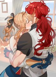 Rule 34 | 1boy, 1girl, asterrales, black shirt, blonde hair, blue gloves, bow, closed mouth, curtains, desk, detached sleeves, diluc (genshin impact), genshin impact, gloves, hair bow, hetero, hug, jean (genshin impact), kiss, kissing neck, long hair, low-tied long hair, picture frame, red hair, shirt, short sleeves, sidelocks, vest, white vest, window
