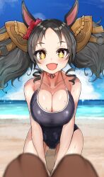 Rule 34 | + +, 1girl, 1other, :d, akizuki shigure, bare shoulders, beach, black hair, blue one-piece swimsuit, blurry, breasts, cleavage, collarbone, competition school swimsuit, depth of field, drill hair, drill sidelocks, ear scrunchie, fang, feet, gluteal fold, highres, horse girl, large breasts, looking at viewer, marvelous sunday (umamusume), one-piece swimsuit, open mouth, pov, pov legs, red scrunchie, school swimsuit, scrunchie, sidelocks, skin fang, smile, solo focus, swimsuit, tracen swimsuit, twintails, umamusume