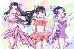 Rule 34 | 0shu 0v0, 3girls, adapted costume, arm behind back, back bow, bikini, black hair, bow, breasts, butterfly hair ornament, butterfly wings, cleavage, closed mouth, collarbone, feet out of frame, floating hair, frilled bikini, frilled one-piece swimsuit, frills, hair ornament, halterneck, hand up, hands in hair, hands up, head tilt, insect wings, kimetsu no yaiba, kochou kanae, kochou shinobu, long hair, looking at viewer, looking to the side, medium breasts, multiple girls, navel, one-piece swimsuit, parted lips, pink bikini, pink eyes, purple bikini, purple eyes, purple hair, purple one-piece swimsuit, red bikini, siblings, side ponytail, sidelocks, signature, sisters, small breasts, smile, standing, swimsuit, tsuyuri kanao, updo, wings