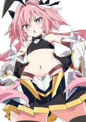 Rule 34 | 1boy, astolfo (fate), black skirt, blush, fate/grand order, fate (series), ixy, long hair, looking at viewer, low twintails, male focus, midriff, multicolored hair, navel, pink hair, purple eyes, skirt, solo, stomach, streaked hair, thighs, trap, twintails, white hair