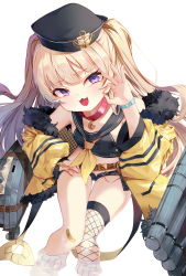 Rule 34 | 1girl, :3, :d, azur lane, bache (azur lane), bad id, bad twitter id, bandaid, bare shoulders, black hat, black shirt, black shorts, blonde hair, choker, crop top, fang, fishnet socks, fishnets, fur trim, hat, highres, jacket, long hair, long sleeves, looking at viewer, micro shorts, midriff, off shoulder, ok sign, open clothes, open fly, open jacket, open mouth, purple eyes, sailor collar, shirt, shorts, simple background, single thighhigh, sleeveless, sleeveless shirt, smile, socks, solo, soya (torga), thighhighs, thighs, torpedo tubes, two side up, white background, wristband, yellow jacket