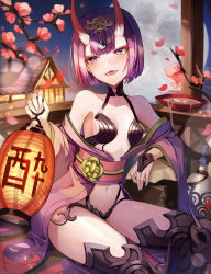 Rule 34 | 1girl, absurdres, alcohol, bad id, bad pixiv id, bare shoulders, black legwear, bob cut, breasts, bridal gauntlets, collarbone, cup, eyeliner, fangs, fate/grand order, fate (series), headpiece, highres, horns, huge filesize, japanese clothes, kimono, kyo (maae00), lantern, long sleeves, looking to the side, makeup, navel, obi, off shoulder, oni, open mouth, paper lantern, purple eyes, purple hair, purple kimono, revealing clothes, sakazuki, sake, sash, short hair, shuten douji (fate), sitting, skin-covered horns, small breasts, smile, thighs, wide sleeves