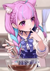 Rule 34 | 1girl, absurdres, ahoge, animal ear fluff, animal ears, blue hair, blue nails, blue sailor collar, blue skirt, blush, braid, cat ears, chocolate, chocolate making, choker, commentary request, extra ears, female focus, finger in own mouth, food on hand, high-waist skirt, highres, holding, holding whisk, hololive, indoors, jacket, leaning forward, long sleeves, looking away, minato aqua, minato aqua (sailor), mixing bowl, multicolored hair, nail polish, nemoto yuuma, open clothes, open jacket, pink hair, purple eyes, ribbon choker, sailor collar, shirt, skirt, solo, sweatdrop, twin braids, twintails, two-tone hair, upper body, valentine, virtual youtuber, whisk, white jacket, white shirt