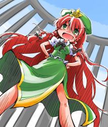 Rule 34 | 1girl, bow, braid, china dress, chinese clothes, commentary request, dress, gate, green eyes, hair bow, hands on own hips, hat, highres, hong meiling, long hair, open mouth, puffy sleeves, red hair, shinapuu, shirt, short sleeves, side slit, smile, solo, star (symbol), touhou, twin braids, very long hair