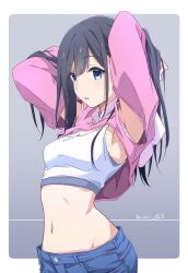 Rule 34 | 1girl, armpits, black hair, blue eyes, blue pants, breasts, commentary request, crop top, dated, denim, grey background, highres, jacket, jeans, long hair, long sleeves, looking at viewer, medium breasts, midriff, monai-chan (nii manabu), navel, nii manabu, original, pants, parted lips, pink jacket, signature, solo, two-tone background