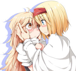Rule 34 | &gt;:(, 2girls, :&lt;, alice margatroid, black dress, blonde hair, blue eyes, blush, capelet, chata maru (irori sabou), dress, eye contact, frown, hairband, hand in own hair, imminent kiss, kirisame marisa, long sleeves, looking at another, multiple girls, short sleeves, simple background, touhou, v-shaped eyebrows, white background, yellow eyes, yuri