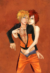 Rule 34 | 2boys, artist request, blonde hair, blue eyes, blush, fishnet top, fishnets, gaara (naruto), green eyes, handjob, jewelry, lingerie, looking back, male focus, multiple boys, naruto, naruto (series), necklace, nipples, one eye closed, open clothes, open mouth, open shirt, pants, penis, red hair, shirt, short hair, simple background, standing, tattoo, underwear, uzumaki naruto, wink, yaoi