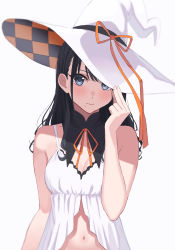 Rule 34 | 0-toki, 1girl, absurdres, adjusting clothes, adjusting headwear, bare arms, black eyes, blush, bow, breasts, checkered clothes, checkered headwear, cleavage, collarbone, detached collar, hat, highres, idolmaster, idolmaster shiny colors, kazano hiori, lingerie, long hair, looking at viewer, mole, mole under mouth, navel, negligee, orange bow, orange neckwear, side ponytail, simple background, sleeveless, small breasts, solo, underwear, upper body, white background, white hat, witch hat