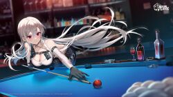 Rule 34 | 1girl, alcohol, azur lane, ball, bandaged arm, bandages, bare shoulders, belt, bent over, billiard ball, billiards, black choker, black gloves, black pants, breasts, chest harness, choker, cleavage, closed mouth, crop top, cue stick, cup, drinking glass, expressionless, floating hair, gloves, harness, highres, large breasts, long hair, looking at viewer, midriff, mole, mole under eye, official alternate costume, official art, outstretched arm, pants, red eyes, satchely, shirt, sleeveless, sleeveless shirt, solo, sovetskaya rossiya (azur lane), sovetskaya rossiya (the lackadaisical lookout) (azur lane), standing, tank top, very long hair, white hair, white shirt, wine glass