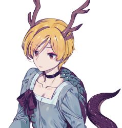 Rule 34 | 1girl, antlers, blonde hair, blue shirt, closed mouth, dragon girl, dragon horns, dragon tail, horns, kicchou yachie, long sleeves, red eyes, shirt, short hair, solo, square neckline, tail, touhou, turtle shell, zounose